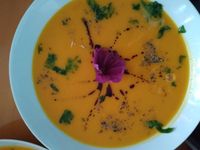 K&uuml;rbissuppe mit Kr&auml;utern und Bl&uuml;ten